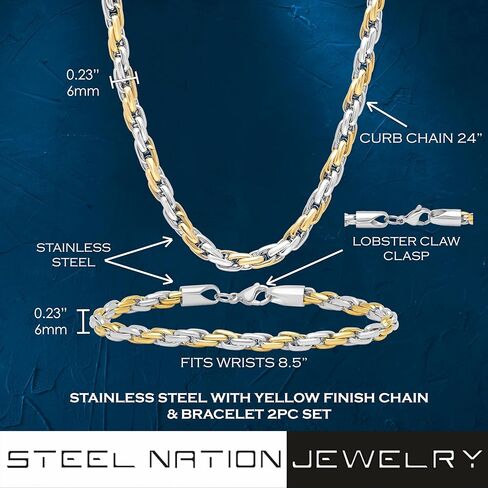 Elegant Fusion Two-Piece Stainless Steel Chain & Bracelet Set Yellow Finish, 24" Length in Saudi Arabia