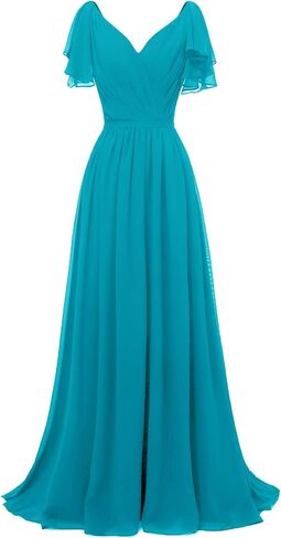 Yexinbridal فساتين وصيفة العروس بأكمام مكشكشة ورقبة على شكل حرف v شيفون طويلة رسمية لحفلات الزفاف المسائية للنساء in Kuwait