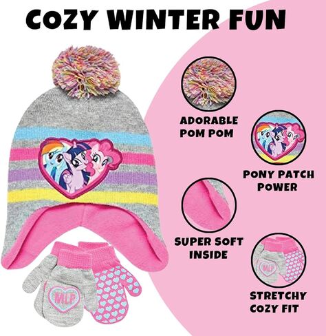Hasbro My Little Pony Girls Winter Hat and 2 Pair Gloves or Mittens (Toddler/Little Girls), Size Age 2-4, Grey, Pink Design - Age 2-4 - Mittens Set in Saudi Arabia