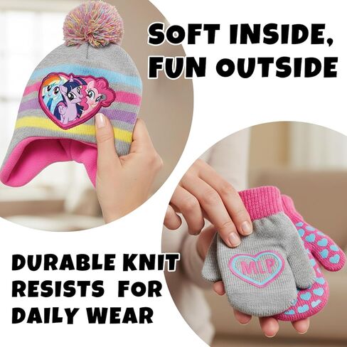 Hasbro My Little Pony Girls Winter Hat and 2 Pair Gloves or Mittens (Toddler/Little Girls), Size Age 2-4, Grey, Pink Design - Age 2-4 - Mittens Set in Saudi Arabia