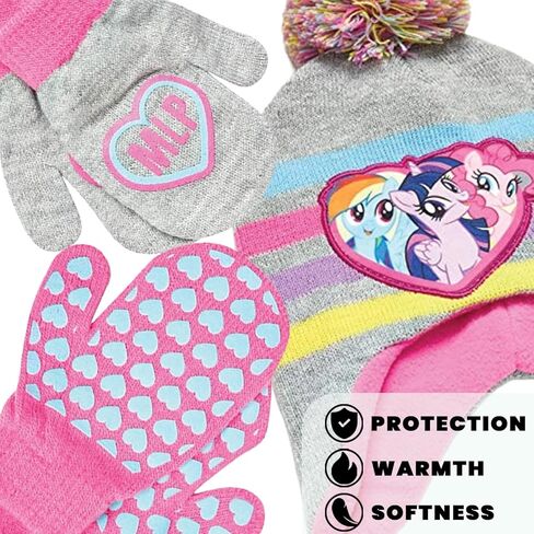 Hasbro My Little Pony Girls Winter Hat and 2 Pair Gloves or Mittens (Toddler/Little Girls), Size Age 2-4, Grey, Pink Design - Age 2-4 - Mittens Set in Saudi Arabia