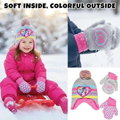 Hasbro My Little Pony Girls Winter Hat and 2 Pair Gloves or Mittens (Toddler/Little Girls), Size Age 2-4, Grey, Pink Design - Age 2-4 - Mittens Set in Saudi Arabia