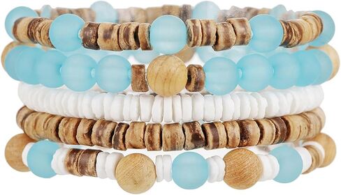 Caiyao خمر متعدد الطبقات خشب التوربين الأفريقي مطرز أساور تمتد البوهيمي الرجعية جوز الهند شل تكويم سوار مرن للنساء الرجال الصيف الشاطئ عطلة عطلة مجوهرات الهدايا in Kuwait