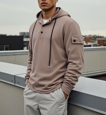 Men's Causal Pullover Hoodie Waffled Long Sleeve Sweatshirt Fashion Button Up Drawstring Hooded Sweatshirts in Saudi Arabia