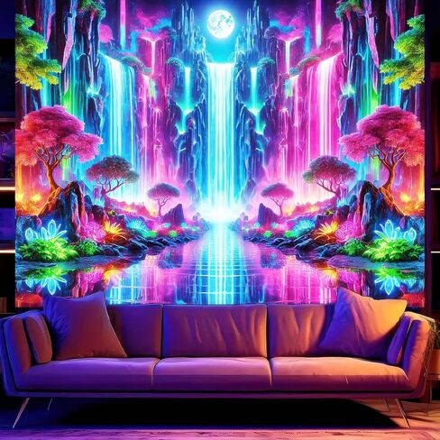 BlissYard Blacklight Fantasy Forest نسيج الأشعة فوق البنفسجية رد الفعل شلال نسيج الخيال الجبل موجة الجدار الفلورسنت غامض أشجار النيون الجدار شنقا للغرفة 78x59 بوصة in Kuwait