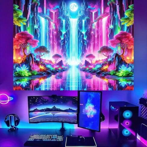 BlissYard Blacklight Fantasy Forest نسيج الأشعة فوق البنفسجية رد الفعل شلال نسيج الخيال الجبل موجة الجدار الفلورسنت غامض أشجار النيون الجدار شنقا للغرفة 78x59 بوصة in Kuwait