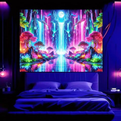 BlissYard Blacklight Fantasy Forest نسيج الأشعة فوق البنفسجية رد الفعل شلال نسيج الخيال الجبل موجة الجدار الفلورسنت غامض أشجار النيون الجدار شنقا للغرفة 78x59 بوصة in Kuwait