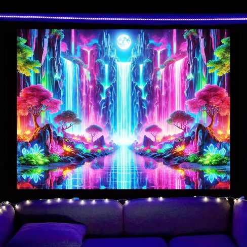 BlissYard Blacklight Fantasy Forest نسيج الأشعة فوق البنفسجية رد الفعل شلال نسيج الخيال الجبل موجة الجدار الفلورسنت غامض أشجار النيون الجدار شنقا للغرفة 78x59 بوصة in Kuwait