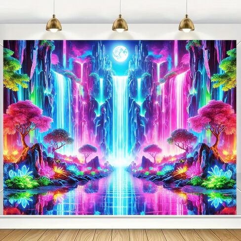 BlissYard Blacklight Fantasy Forest نسيج الأشعة فوق البنفسجية رد الفعل شلال نسيج الخيال الجبل موجة الجدار الفلورسنت غامض أشجار النيون الجدار شنقا للغرفة 78x59 بوصة in Kuwait