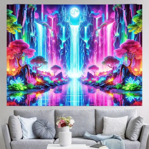 BlissYard Blacklight Fantasy Forest نسيج الأشعة فوق البنفسجية رد الفعل شلال نسيج الخيال الجبل موجة الجدار الفلورسنت غامض أشجار النيون الجدار شنقا للغرفة 78x59 بوصة in Kuwait