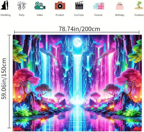 BlissYard Blacklight Fantasy Forest نسيج الأشعة فوق البنفسجية رد الفعل شلال نسيج الخيال الجبل موجة الجدار الفلورسنت غامض أشجار النيون الجدار شنقا للغرفة 78x59 بوصة in Kuwait