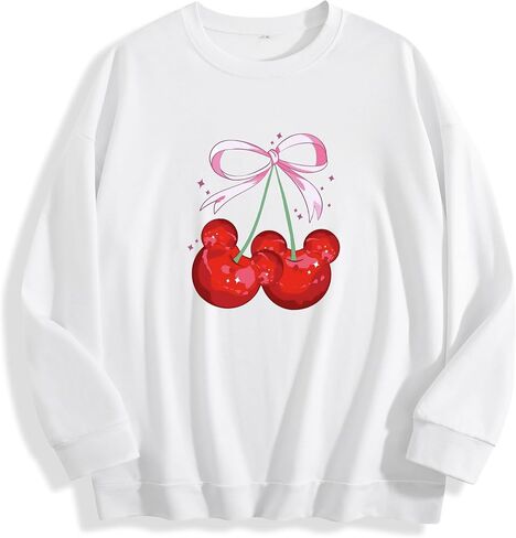 Cute Cherry Graphic Ribbon Bow Printed Sweatshirt Pullover，Soft Fleece Vacation for women in Saudi Arabia
