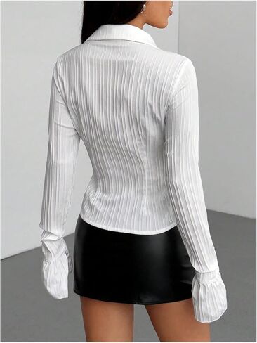 GORGLITTER Women's Cropped Button Down Shirt Pleated Bell Sleeve Collared Business Work Fitted Blouse Dressy 2025 in Saudi Arabia