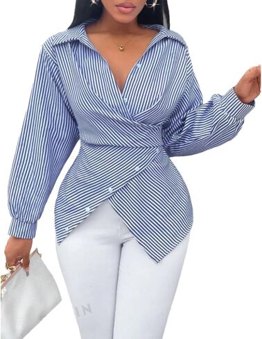 Chvity Stripes Cross V Neck Wrap Blouse for Women Fashion Sexy Slim Fit Long Sleeve Buttons Shirts Casual Cozy Tops in Saudi Arabia