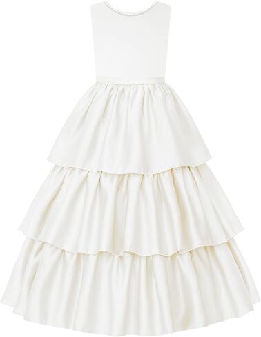 Uhnice Girls Tiered Satin Flower Girl Dress with Pearls Sleeveless Formal Gown for Wedding Party in Saudi Arabia