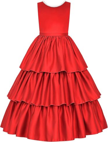 Uhnice Girls Tiered Satin Flower Girl Dress with Pearls Sleeveless Formal Gown for Wedding Party in Saudi Arabia