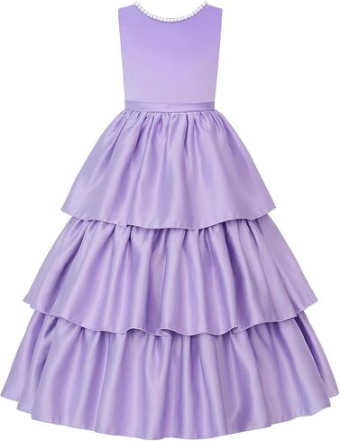 Uhnice Girls Tiered Satin Flower Girl Dress with Pearls Sleeveless Formal Gown for Wedding Party in Saudi Arabia
