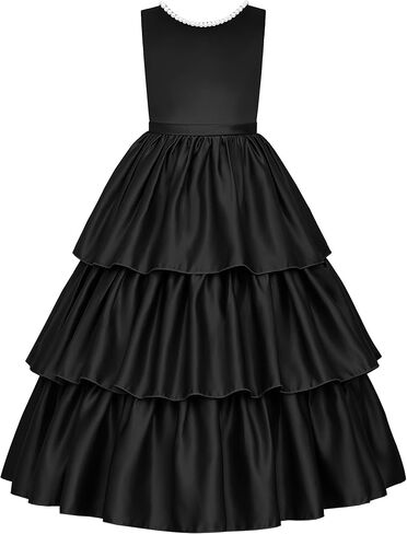 Uhnice Girls Tiered Satin Flower Girl Dress with Pearls Sleeveless Formal Gown for Wedding Party in Saudi Arabia