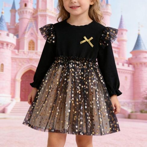 Little Girls Long Sleeves Dress Toddler Sparkle Stars Tulle Tutu Party Dresses 18M-7T in Saudi Arabia