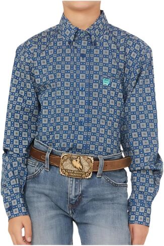 Cinch Boy's Blue Print Long Sleeve Button Shirt in Saudi Arabia