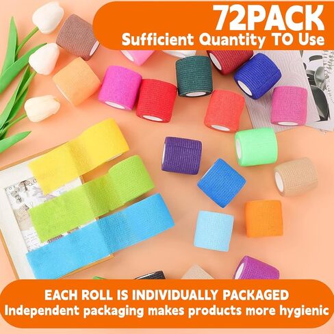 72 Pcs Self Adhesive Bandage Wrap, 2 Inch X 5 Yards Athletic Elastic Cohesive Bandage, Breathable Color Athletic Tape, Self-Adherent Tape, Stretch Sports Wrap for Wrist Ankle Sprains, 24 Color in Saudi Arabia