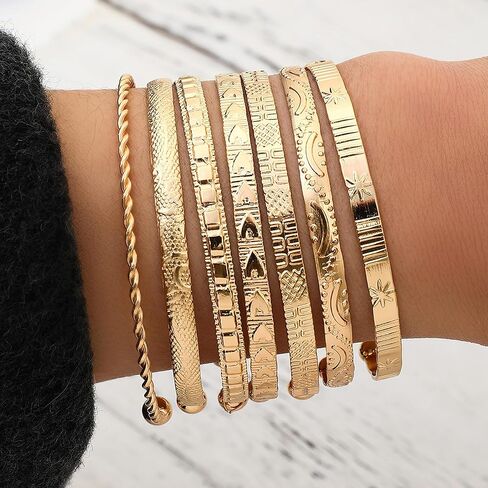 Gold Bangle Bracelets For Women, 14k Plated Multi Layertackable Cuff Braceletet, Trendy Elegance Charms Non Tarnish Minimalist Textured Boho Jewelry Gift in Saudi Arabia