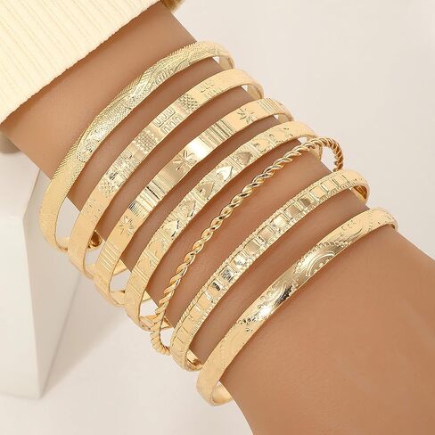 Gold Bangle Bracelets For Women, 14k Plated Multi Layertackable Cuff Braceletet, Trendy Elegance Charms Non Tarnish Minimalist Textured Boho Jewelry Gift in Saudi Arabia