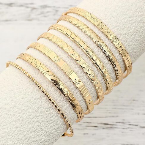 Gold Bangle Bracelets For Women, 14k Plated Multi Layertackable Cuff Braceletet, Trendy Elegance Charms Non Tarnish Minimalist Textured Boho Jewelry Gift in Saudi Arabia