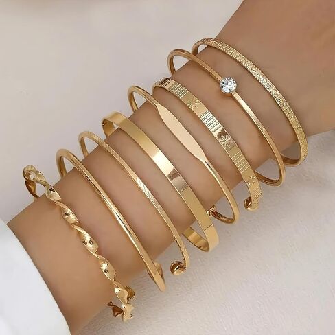 Gold Bangle Bracelets For Women, 14k Plated Multi Layertackable Cuff Braceletet, Trendy Elegance Charms Non Tarnish Minimalist Textured Boho Jewelry Gift in Saudi Arabia