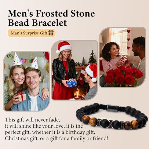 Tiger Eye Bracelet For Men Natural Stone Beads Bracelet Set Stretch Lava Rock Bracelets Adjustable Black Crystal Beaded Bracelet for Men Women Gifts in Saudi Arabia