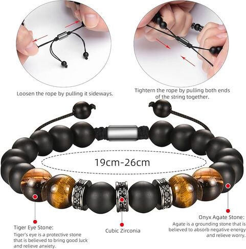 Tiger Eye Bracelet For Men Natural Stone Beads Bracelet Set Stretch Lava Rock Bracelets Adjustable Black Crystal Beaded Bracelet for Men Women Gifts in Saudi Arabia