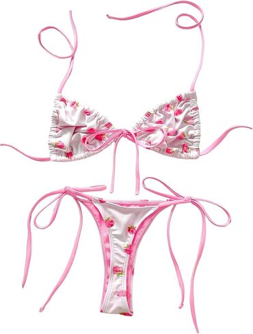 SHENHE المرأة الرسن سلسلة بيكيني مجموعة مثير ثونغ التعادل الرسن الفراولة طباعة المايوه 2 قطعة in Saudi Arabia