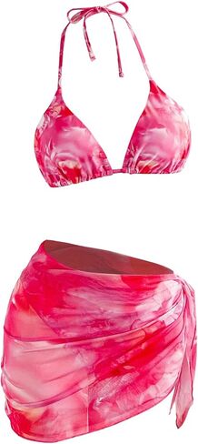 OYOANGLE Women's 3 Piece Swimsuits Tie Dye Floral Triangle Bikini Set with Sarong Cover Ups Vacation Bathing Suits in Saudi Arabia
