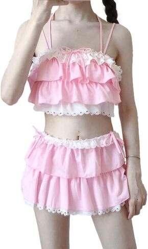 GK-O Women Kawaii Ruffle Bikini Set Japanese Lolita Style Sweet Swimwear Cute Two Piece Bathing Suit with Skirt Shorts in Saudi Arabia