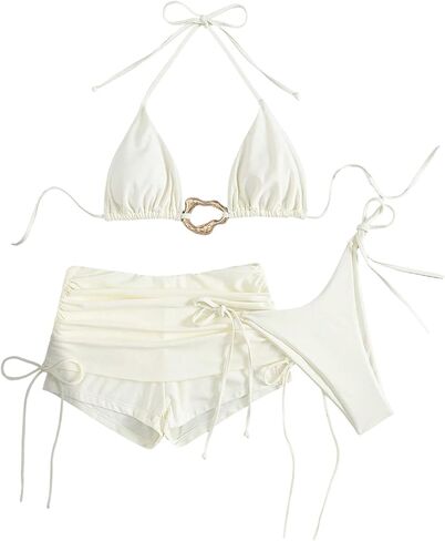 Women's 3 Piece Y2k Metallic Bikini Sets Boyshort Triangle Thong Bikini String Bathing Suit High Cut Cheeky Swimsuit in Saudi Arabia