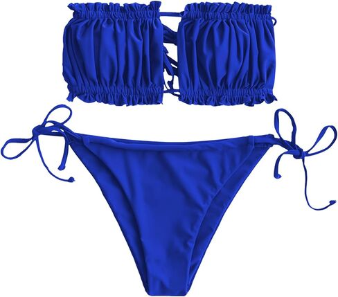 ZAFUL النساء 2 قطعة بيكيني بدون حمالات المايوه كشكش مضلع الذاتي التعادل العصابة مجموعة البكيني عالية قطع سلسلة لباس سباحة in Kuwait