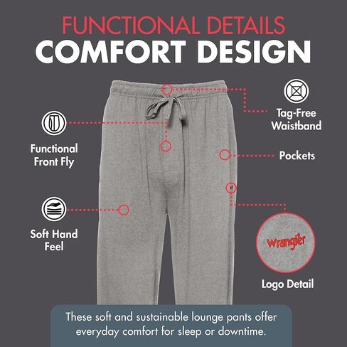 WRANGLER Mens Lounge Pants - Relaxed Fit Cotton PJ Sleepwear, Mens Pajama Pants in Saudi Arabia