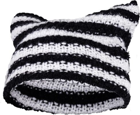 hoyuwak Crochet Cat Ear Beanie Hat Black Goth Knit Striped Winter Warm Cap for Men Women Festival Holiday Christmas in Kuwait