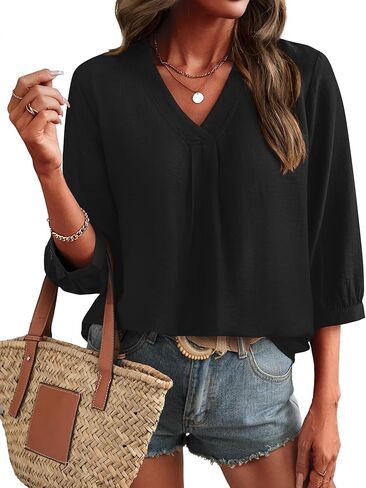Bohemian Trendy Tops for Women 2026 Western Blouses Ladies Summer 3/4 Sleeve V Neck Shirts Plus Size Tunic Top Black in Saudi Arabia