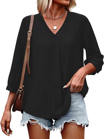 Bohemian Trendy Tops for Women 2026 Western Blouses Ladies Summer 3/4 Sleeve V Neck Shirts Plus Size Tunic Top Black in Saudi Arabia
