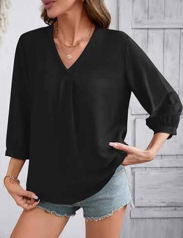 Bohemian Trendy Tops for Women 2026 Western Blouses Ladies Summer 3/4 Sleeve V Neck Shirts Plus Size Tunic Top Black in Saudi Arabia