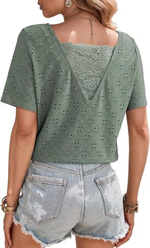 Dokotoo Women's Casual Crewneck Short Sleeve Hollow Out Lace Shirts Summer Eyelet Tunic Tops Blouses in Saudi Arabia