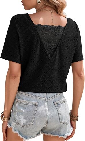 Dokotoo Women's Casual Crewneck Short Sleeve Hollow Out Lace Shirts Summer Eyelet Tunic Tops Blouses in Saudi Arabia