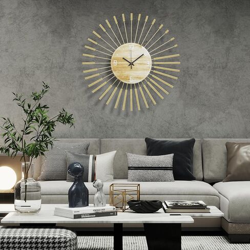 Modern Wall Clock Gold Wall Clock Starburst Clock Round Non-Ticking Big Clocks for Living Room Bedroom Kitchen Office 23.6inch in Saudi Arabia