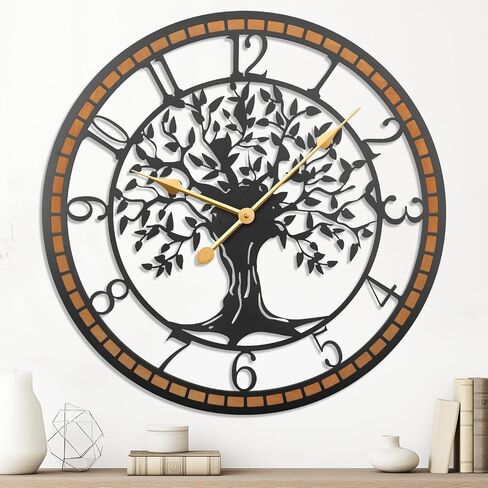 Wall Clock,32" Large Wall Clock for Living Room Decor,Tree of Life and Wooden Frame Design,Non-Ticking Battery Operated,for Dining Room,Bedroom,Kitchen,Office Arabic Decoration in Saudi Arabia