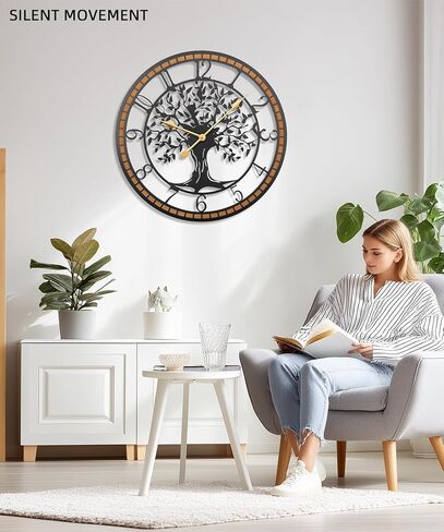 Wall Clock,32" Large Wall Clock for Living Room Decor,Tree of Life and Wooden Frame Design,Non-Ticking Battery Operated,for Dining Room,Bedroom,Kitchen,Office Arabic Decoration in Saudi Arabia