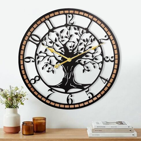 Wall Clock,32" Large Wall Clock for Living Room Decor,Tree of Life and Wooden Frame Design,Non-Ticking Battery Operated,for Dining Room,Bedroom,Kitchen,Office Arabic Decoration in Saudi Arabia