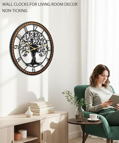 Wall Clock,32" Large Wall Clock for Living Room Decor,Tree of Life and Wooden Frame Design,Non-Ticking Battery Operated,for Dining Room,Bedroom,Kitchen,Office Arabic Decoration in Saudi Arabia