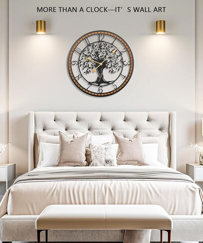 Wall Clock,32" Large Wall Clock for Living Room Decor,Tree of Life and Wooden Frame Design,Non-Ticking Battery Operated,for Dining Room,Bedroom,Kitchen,Office Arabic Decoration in Saudi Arabia