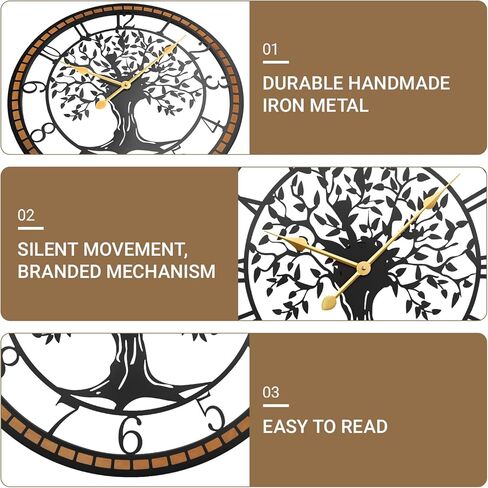 Wall Clock,32" Large Wall Clock for Living Room Decor,Tree of Life and Wooden Frame Design,Non-Ticking Battery Operated,for Dining Room,Bedroom,Kitchen,Office Arabic Decoration in Saudi Arabia